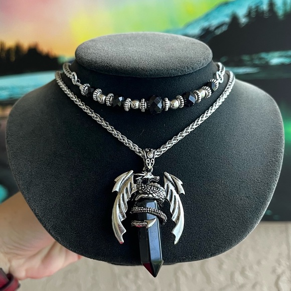 Set of two necklaces black crystal choker and dragon onyx bullet stone necklace - Picture 7 of 12